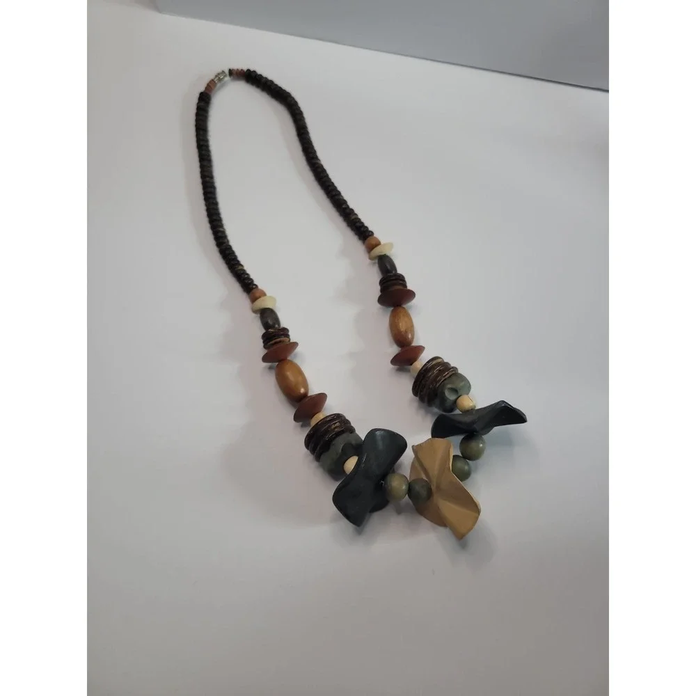 Earth Tone Chunky Statement Necklace Brown Orange Gray Beaded Boho Artisan Style